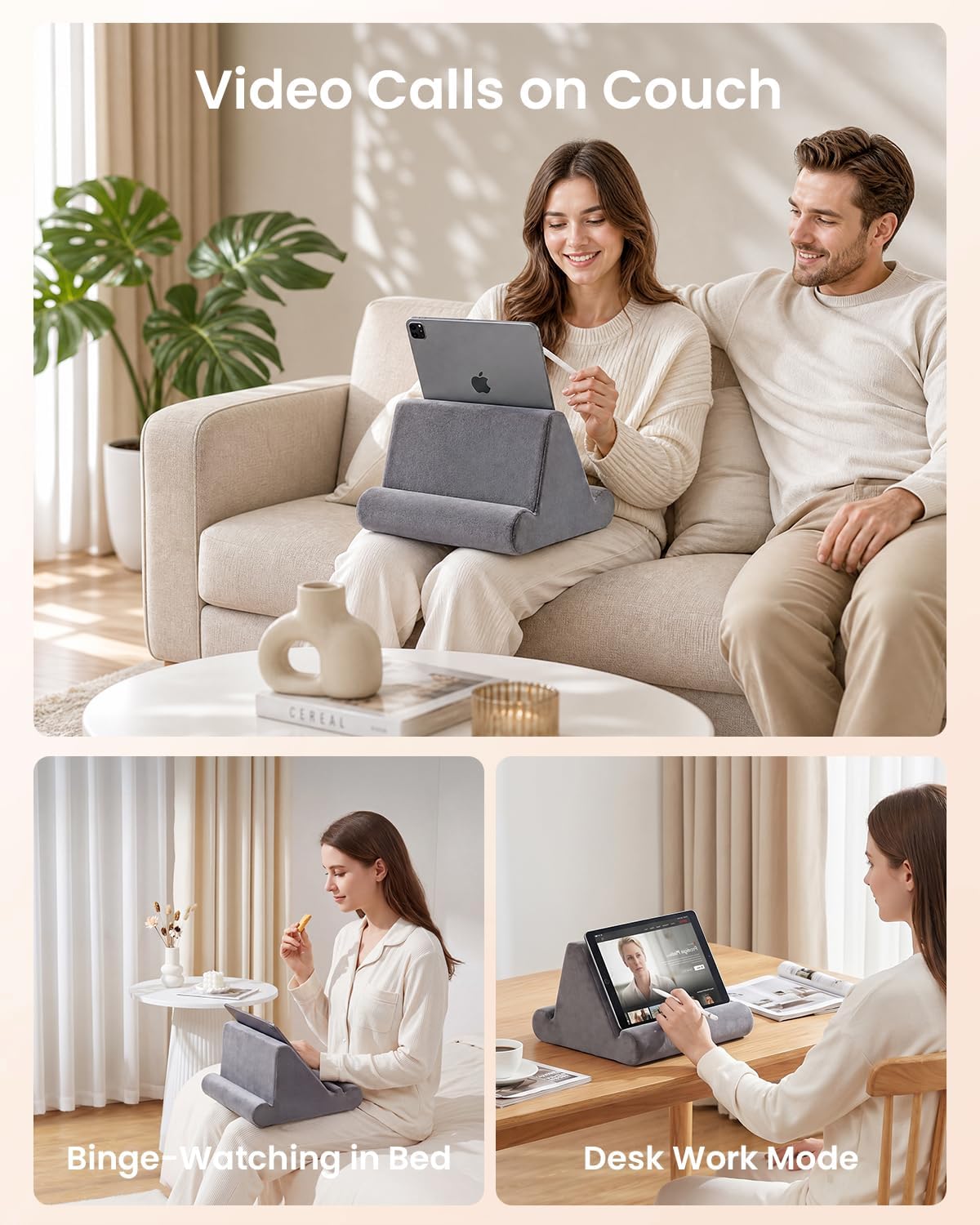 CreaDream Tablet Pillow Stand, Soft Pillow Pad for Lap, Tablet Holder Dock for Bed with 3 Viewing Angles, Pocket, Stylus Mount, Compatible with iPad Pro 13, 10.5, 9.7 Air, Mini, Galaxy Tab, E-Reader
