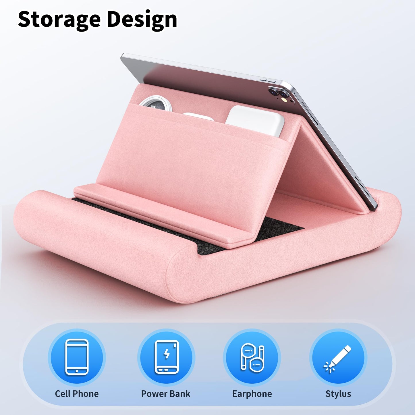 CreaDream Tablet Pillow Stand, Foldable Tablet Holder for Lap, Bed and Desk, Soft Pillow Pad with Pocket and Stylus Mount, for 4-13" Tablets, Like iPad Pro 11, 13, Air, Mini, Kindle, Galaxy Tab, Grey