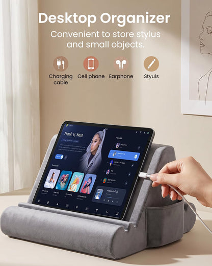CreaDream Tablet Pillow Stand, Soft Pillow Pad for Lap, Tablet Holder Dock for Bed with 3 Viewing Angles, Pocket, Stylus Mount, Compatible with iPad Pro 13, 10.5, 9.7 Air, Mini, Galaxy Tab, E-Reader