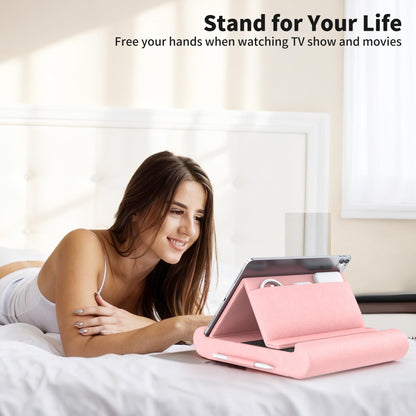 CreaDream Tablet Pillow Stand, Foldable Tablet Holder for Lap, Bed and Desk, Soft Pillow Pad with Pocket and Stylus Mount, for 4-13" Tablets, Like iPad Pro 11, 13, Air, Mini, Kindle, Galaxy Tab, Grey