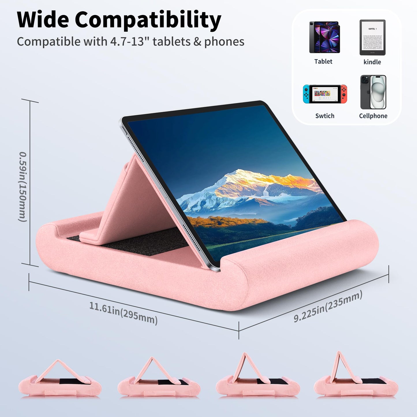 CreaDream Tablet Pillow Stand, Foldable Tablet Holder for Lap, Bed and Desk, Soft Pillow Pad with Pocket and Stylus Mount, for 4-13" Tablets, Like iPad Pro 11, 13, Air, Mini, Kindle, Galaxy Tab, Grey