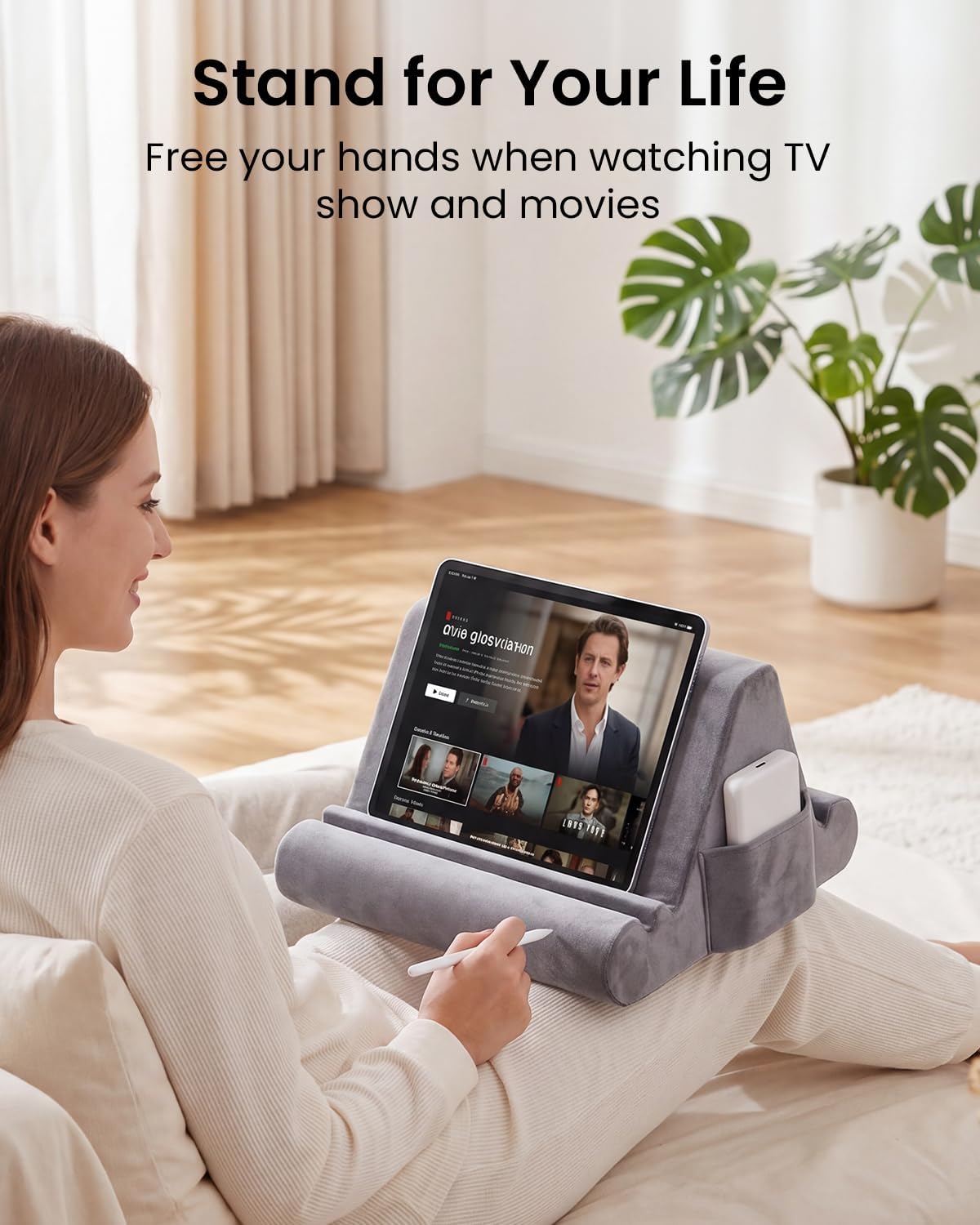 CreaDream Tablet Pillow Stand, Soft Pillow Pad for Lap, Tablet Holder Dock for Bed with 3 Viewing Angles, Pocket, Stylus Mount, Compatible with iPad Pro 13, 10.5, 9.7 Air, Mini, Galaxy Tab, E-Reader