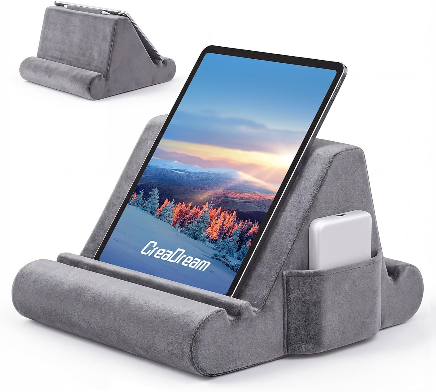 CreaDream Tablet Pillow Stand, Soft Pillow Pad for Lap, Tablet Holder Dock for Bed with 3 Viewing Angles, Pocket, Stylus Mount, Compatible with iPad Pro 13, 10.5, 9.7 Air, Mini, Galaxy Tab, E-Reader