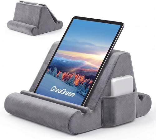CreaDream Tablet Pillow Stand, Soft Pillow Pad for Lap, Tablet Holder Dock for Bed with 3 Viewing Angles, Pocket, Stylus Mount, Compatible with iPad Pro 13, 10.5, 9.7 Air, Mini, Galaxy Tab, E-Reader