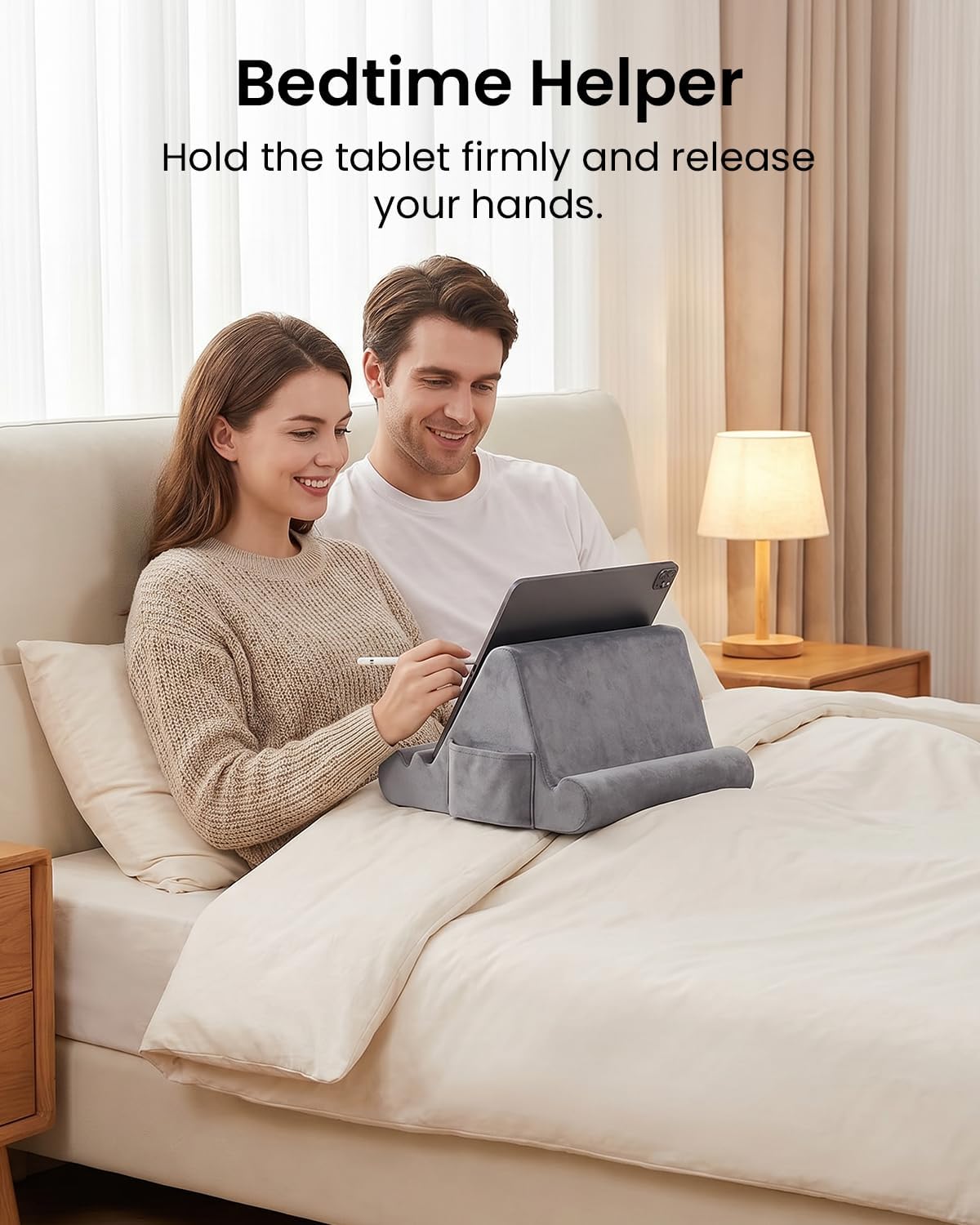 CreaDream Tablet Pillow Stand, Soft Pillow Pad for Lap, Tablet Holder Dock for Bed with 3 Viewing Angles, Pocket, Stylus Mount, Compatible with iPad Pro 13, 10.5, 9.7 Air, Mini, Galaxy Tab, E-Reader