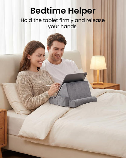 CreaDream Tablet Pillow Stand, Soft Pillow Pad for Lap, Tablet Holder Dock for Bed with 3 Viewing Angles, Pocket, Stylus Mount, Compatible with iPad Pro 13, 10.5, 9.7 Air, Mini, Galaxy Tab, E-Reader