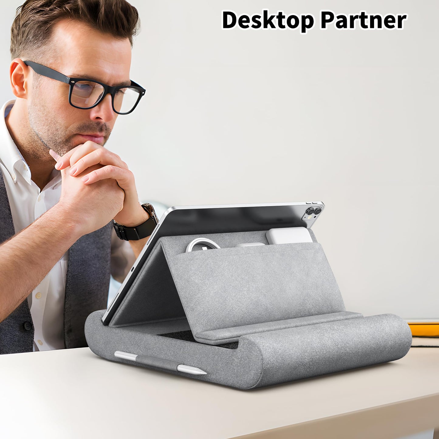 CreaDream Tablet Pillow Stand, Foldable Tablet Holder for Lap, Bed and Desk, Soft Pillow Pad with Pocket and Stylus Mount, for 4-13" Tablets, Like iPad Pro 11, 13, Air, Mini, Kindle, Galaxy Tab, Grey