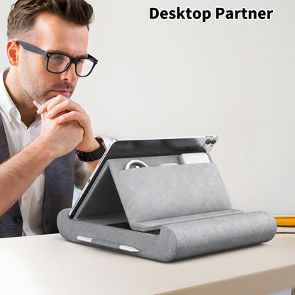 CreaDream Tablet Pillow Stand, Foldable Tablet Holder for Lap, Bed and Desk, Soft Pillow Pad with Pocket and Stylus Mount, for 4-13" Tablets, Like iPad Pro 11, 13, Air, Mini, Kindle, Galaxy Tab, Grey