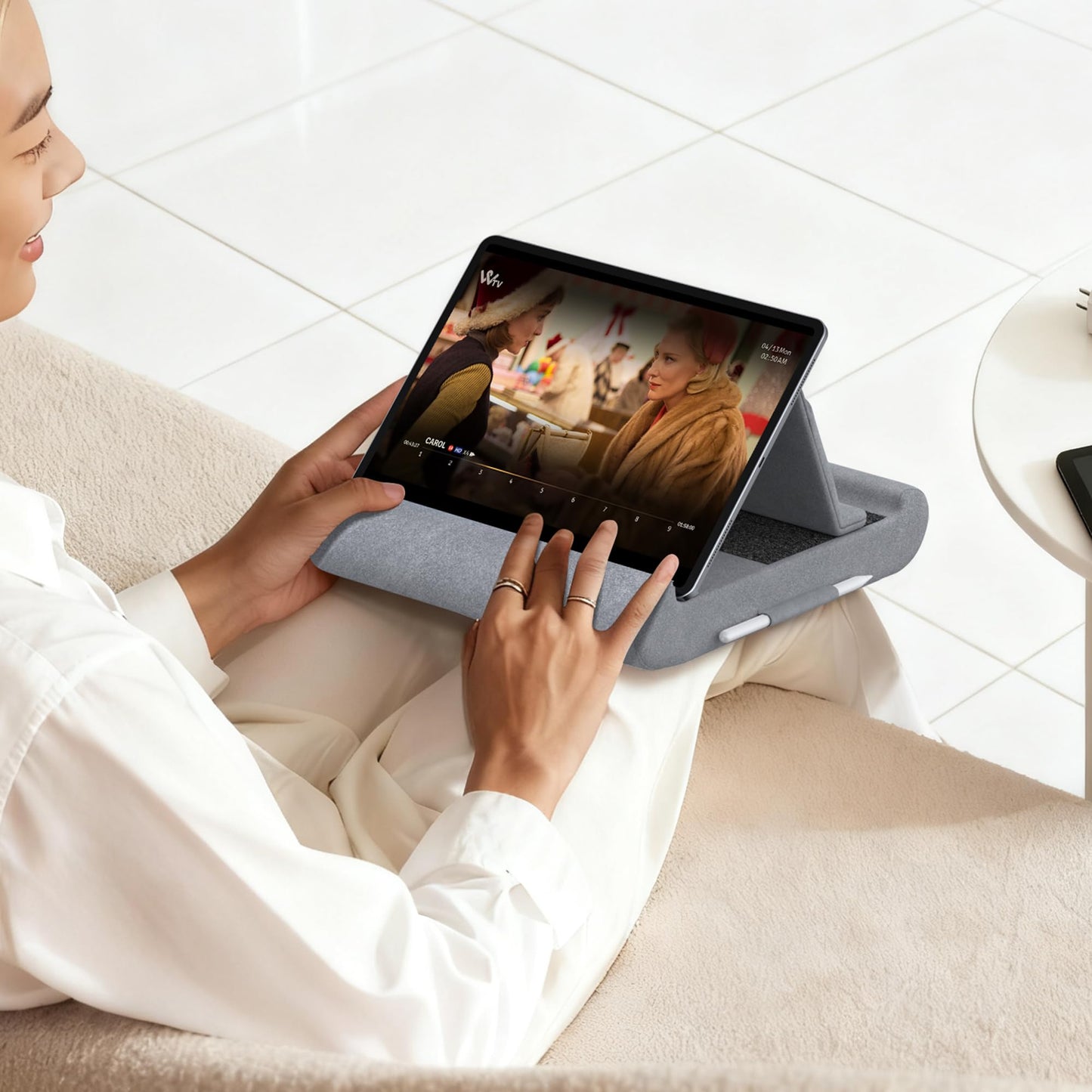 CreaDream Tablet Pillow Stand, Foldable Tablet Holder for Lap, Bed and Desk, Soft Pillow Pad with Pocket and Stylus Mount, for 4-13" Tablets, Like iPad Pro 11, 13, Air, Mini, Kindle, Galaxy Tab, Grey