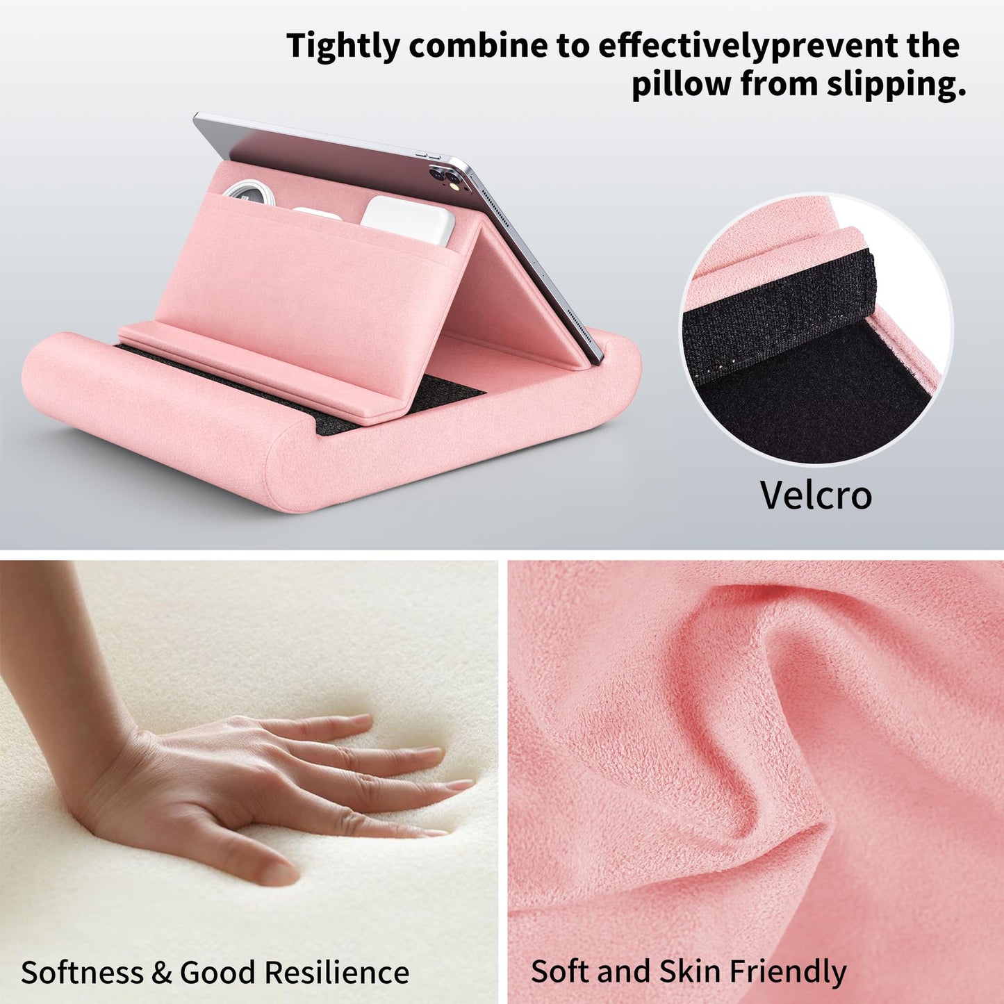 CreaDream Tablet Pillow Stand, Foldable Tablet Holder for Lap, Bed and Desk, Soft Pillow Pad with Pocket and Stylus Mount, for 4-13" Tablets, Like iPad Pro 11, 13, Air, Mini, Kindle, Galaxy Tab, Grey