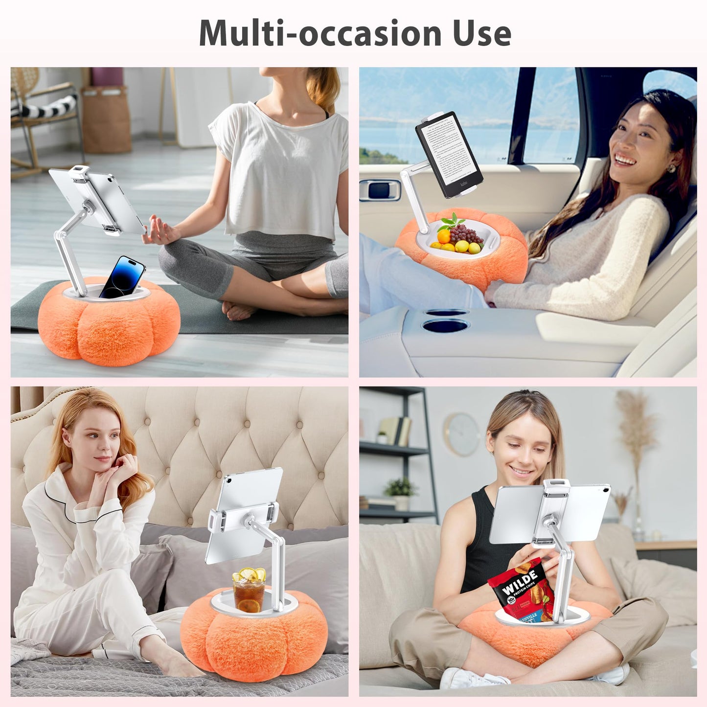 CreaDream Pumpkin Tablet Pillow Stand Holder for Kindle iPad, Adjustable Phone Pillow Stand for Lap Bed with Detachable Snack Bowl, Compatible with 4.7"-13" Tablet, iPad, iPhone, Samsung Tabs, Kindle
