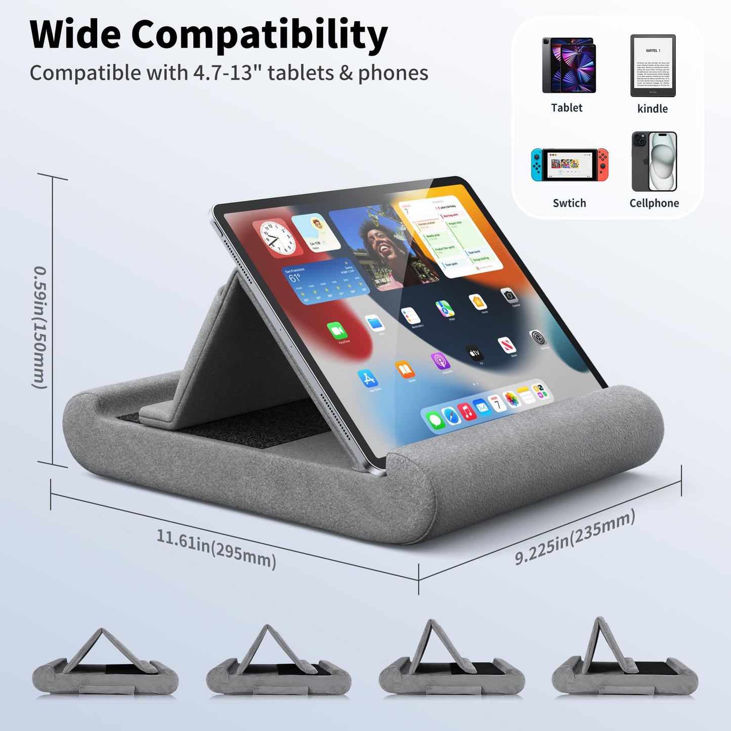 CreaDream Tablet Pillow Stand, Foldable Tablet Holder for Lap, Bed and Desk, Soft Pillow Pad with Pocket and Stylus Mount, for 4-13" Tablets, Like iPad Pro 11, 13, Air, Mini, Kindle, Galaxy Tab, Grey
